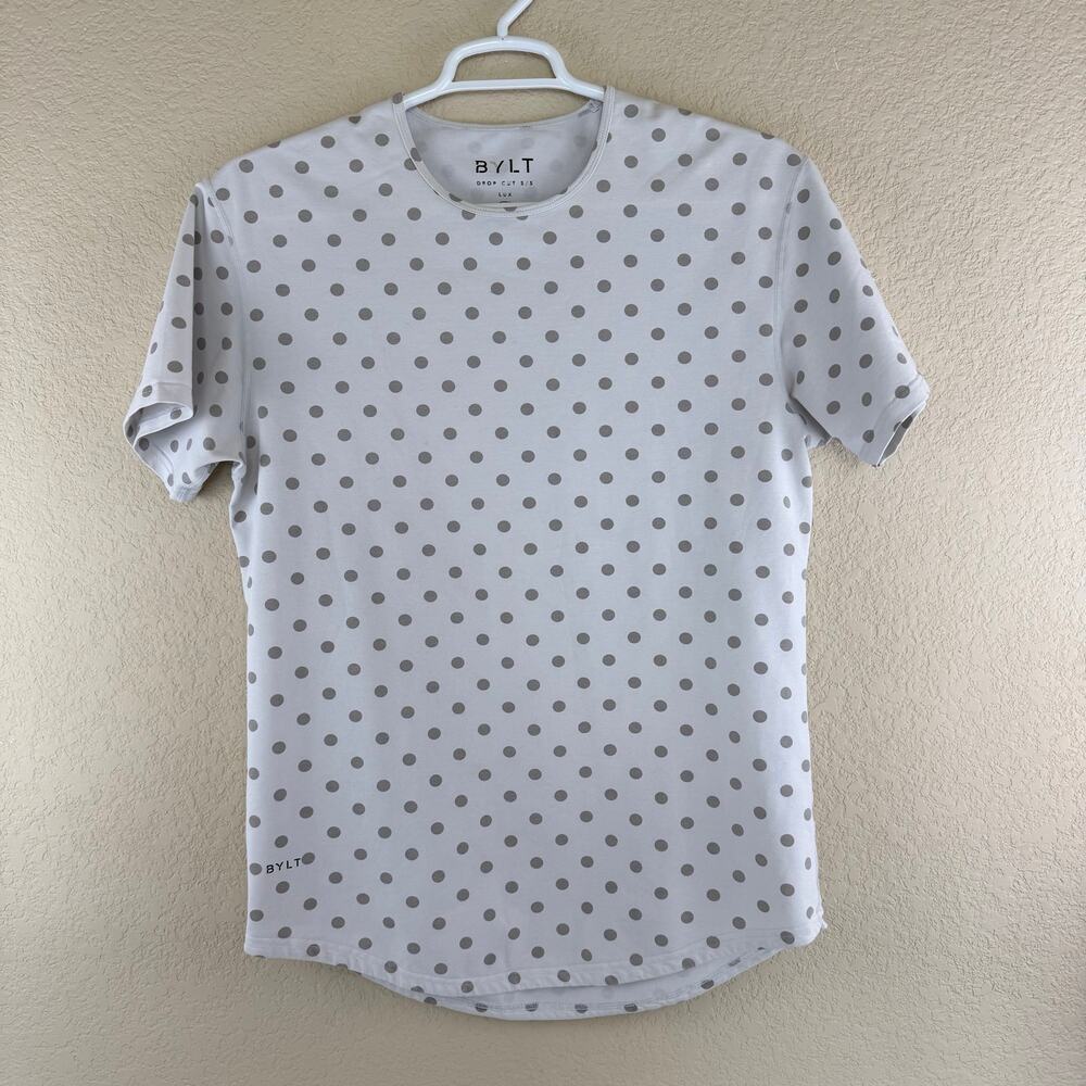 BYLT T-Shirt Women L Drop Cut Crew Neck Short Sleeve Casual White Gray Polka Dot